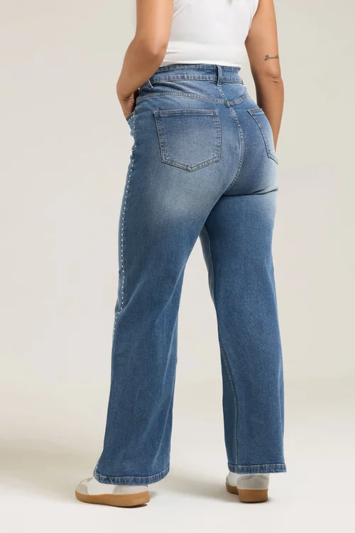 Yours Curve Blue Studded Wide Leg Jeans - 14 Image 3
