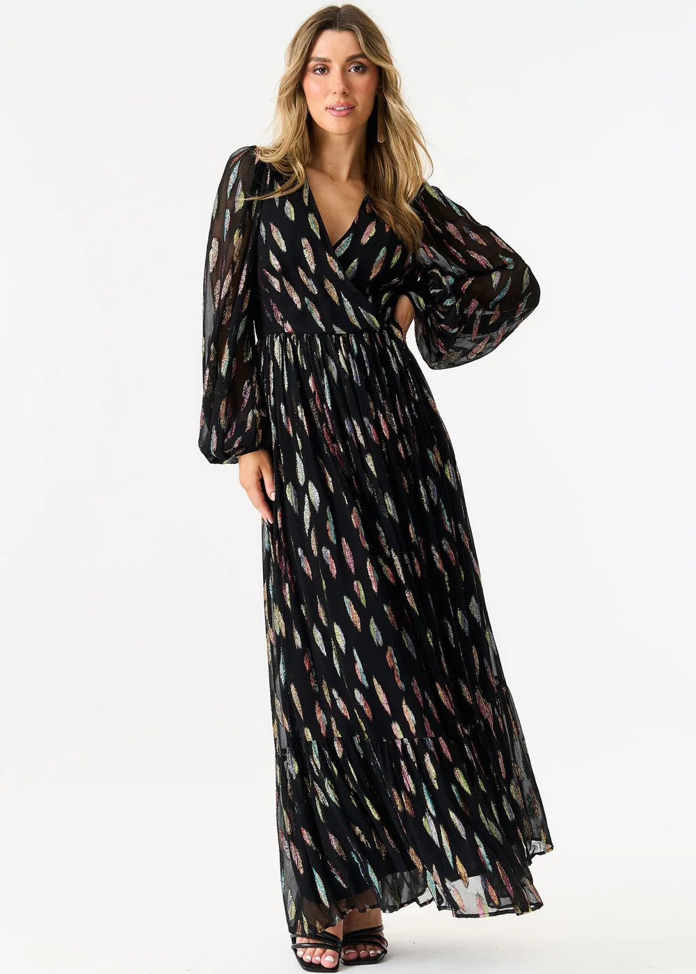 Gini London Black Metallic Print Full Sleeve Maxi Dress - 8 Image 4
