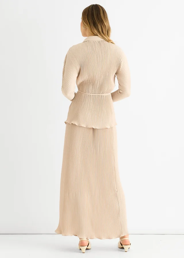 Gini London Beige Plisse Elasticated Waist Maxi Skirt