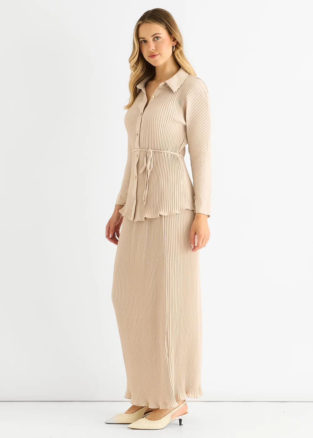 Gini London Beige Plisse Elasticated Waist Maxi Skirt - 6 Image 4