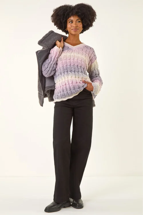 Roman Lilac Ombre Textured V-Neck Knit Jumper - 16 Image 2