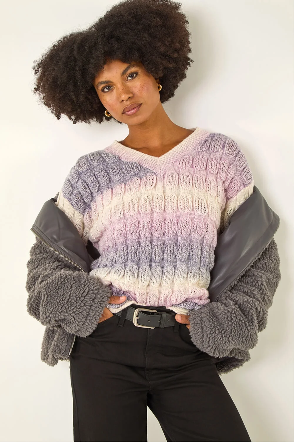 Roman Lilac Ombre Textured V-Neck Knit Jumper - 16 Image 1