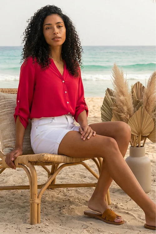 Roman Red Notch Neck Longline Blouse - 10 Image 1