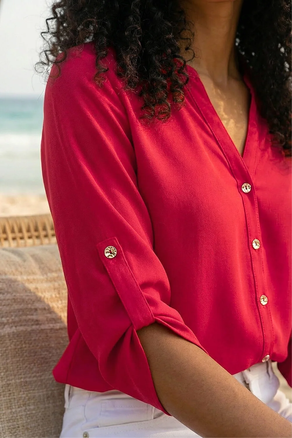 Roman Red Notch Neck Longline Blouse - 10 Image 4
