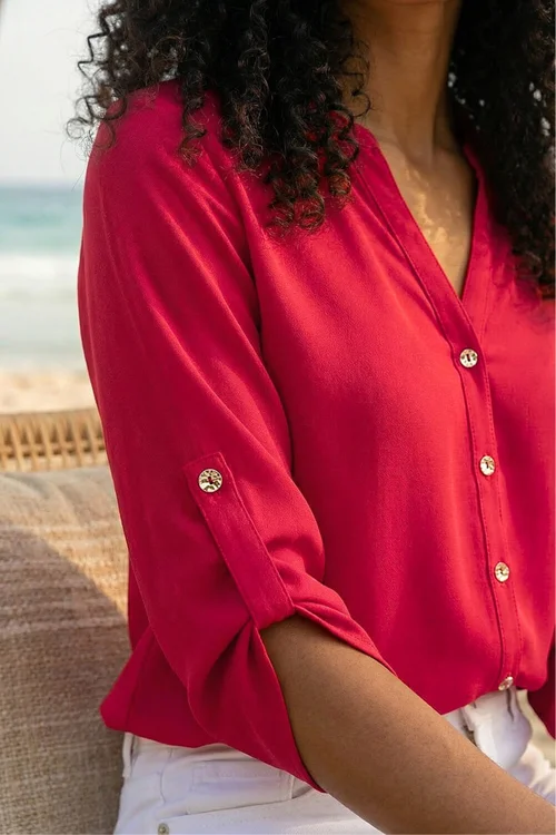 Roman Red Notch Neck Longline Blouse - 10 Image 4