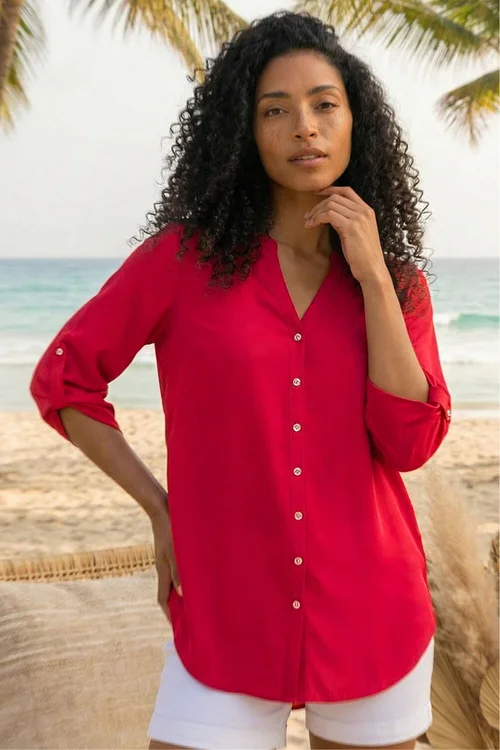 Roman Red Notch Neck Longline Blouse - 10 Image 2