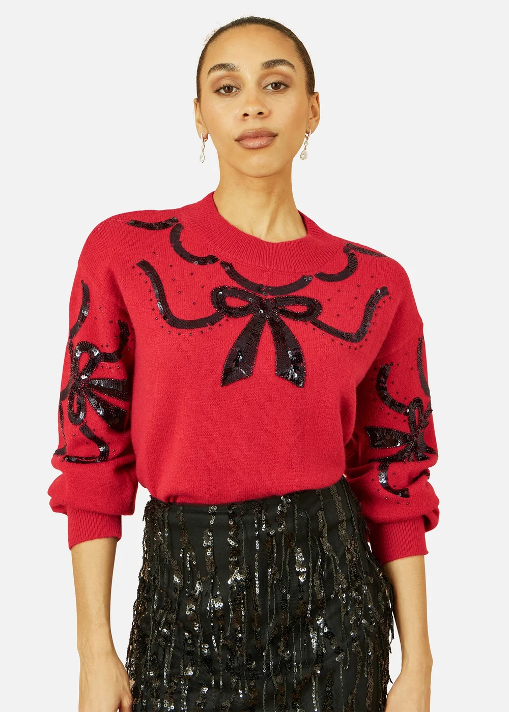 Yumi Red Sequinned Bow Neckline Jumper - L Image 1