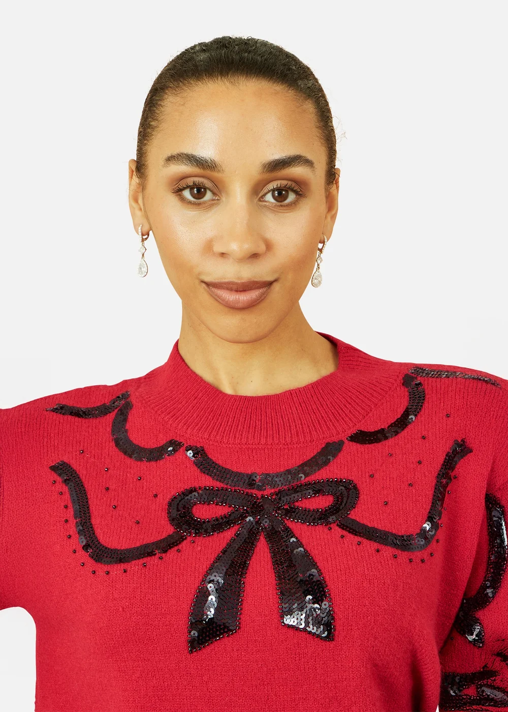 Yumi Red Sequinned Bow Neckline Jumper - L Image 3