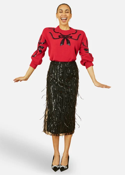 Yumi Red Sequinned Bow Neckline Jumper - L Image 4
