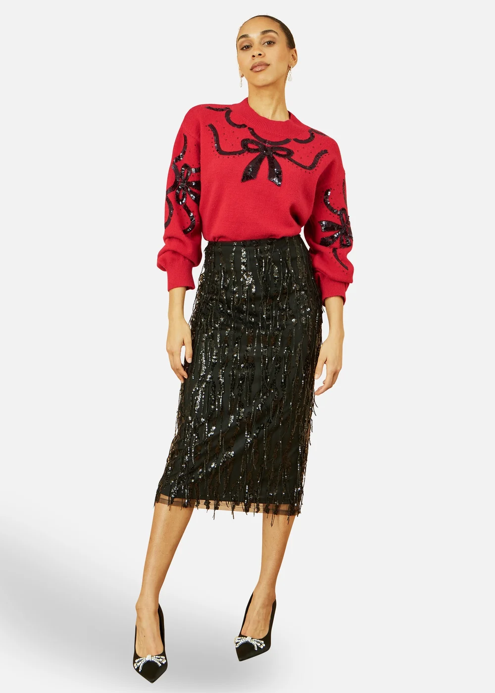 Yumi Red Sequinned Bow Neckline Jumper - L Image 2