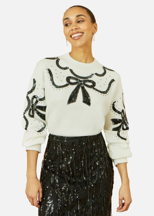 Yumi White Sequinned Bow Neckline Jumper - L Image 1