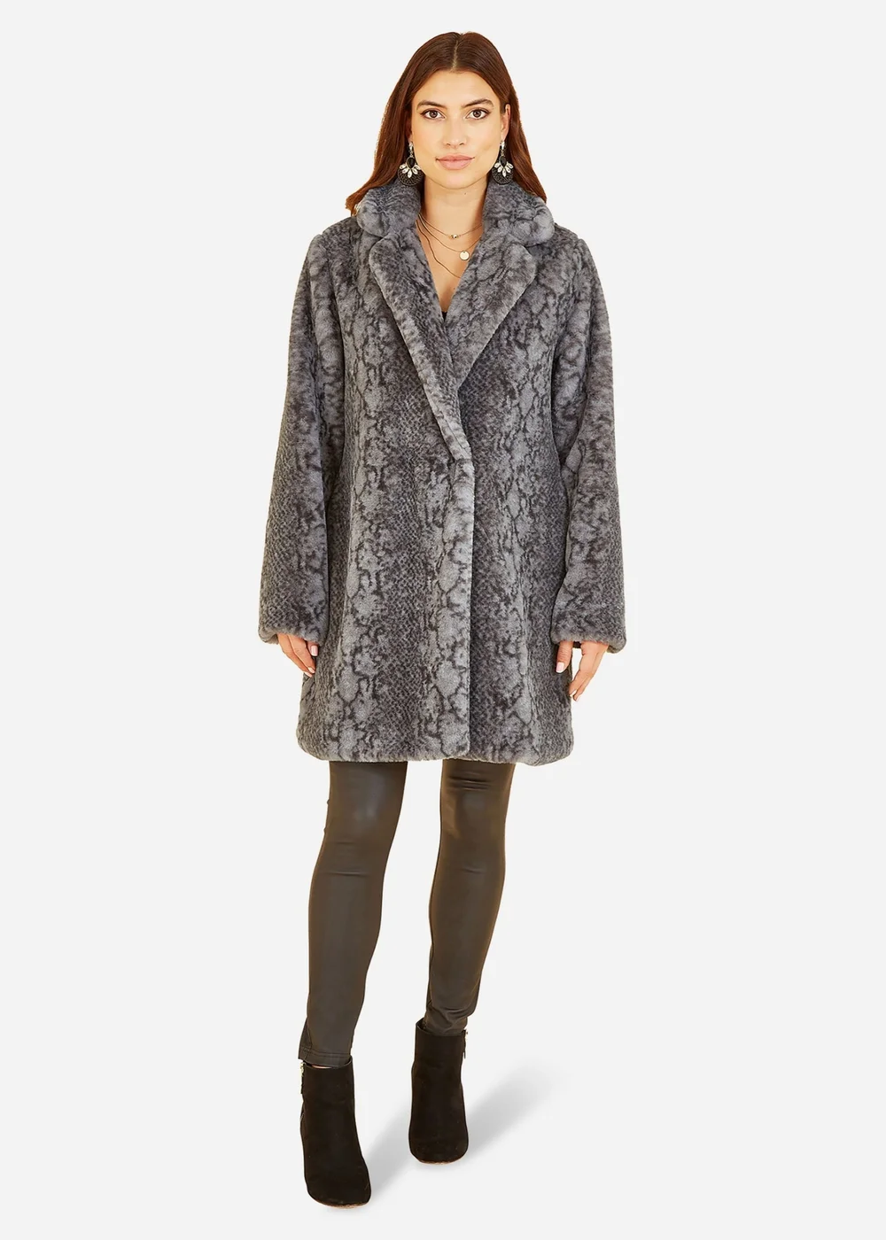 Yumi Grey Snakeskin Print Faux Fur Coat - 12 Image 2