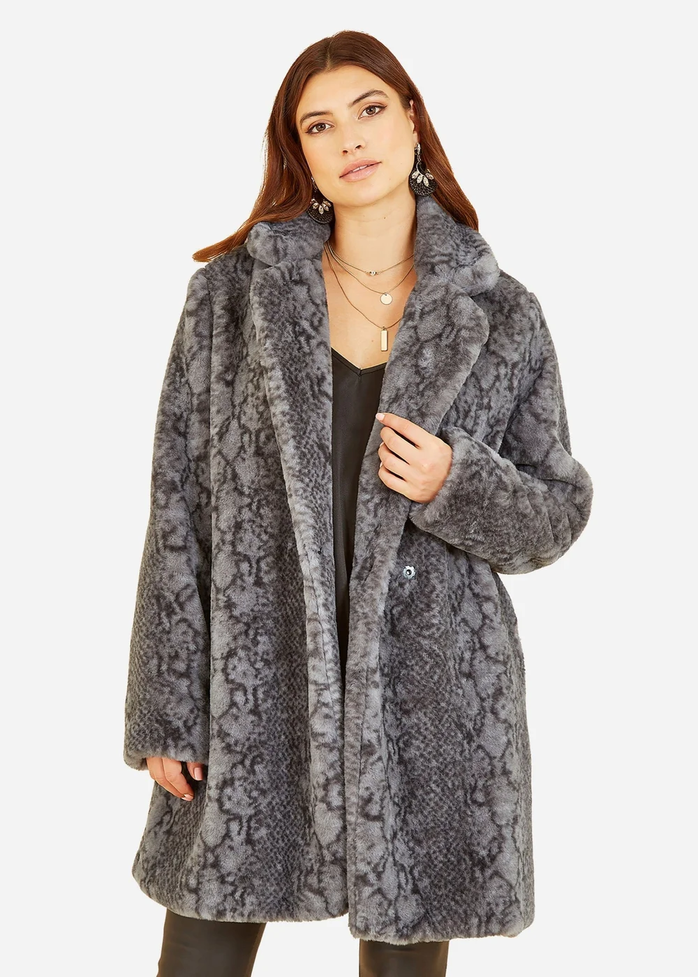Yumi Grey Snakeskin Print Faux Fur Coat - 12 Image 1