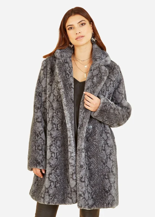 Yumi Grey Snakeskin Print Faux Fur Coat - 12 Image 1