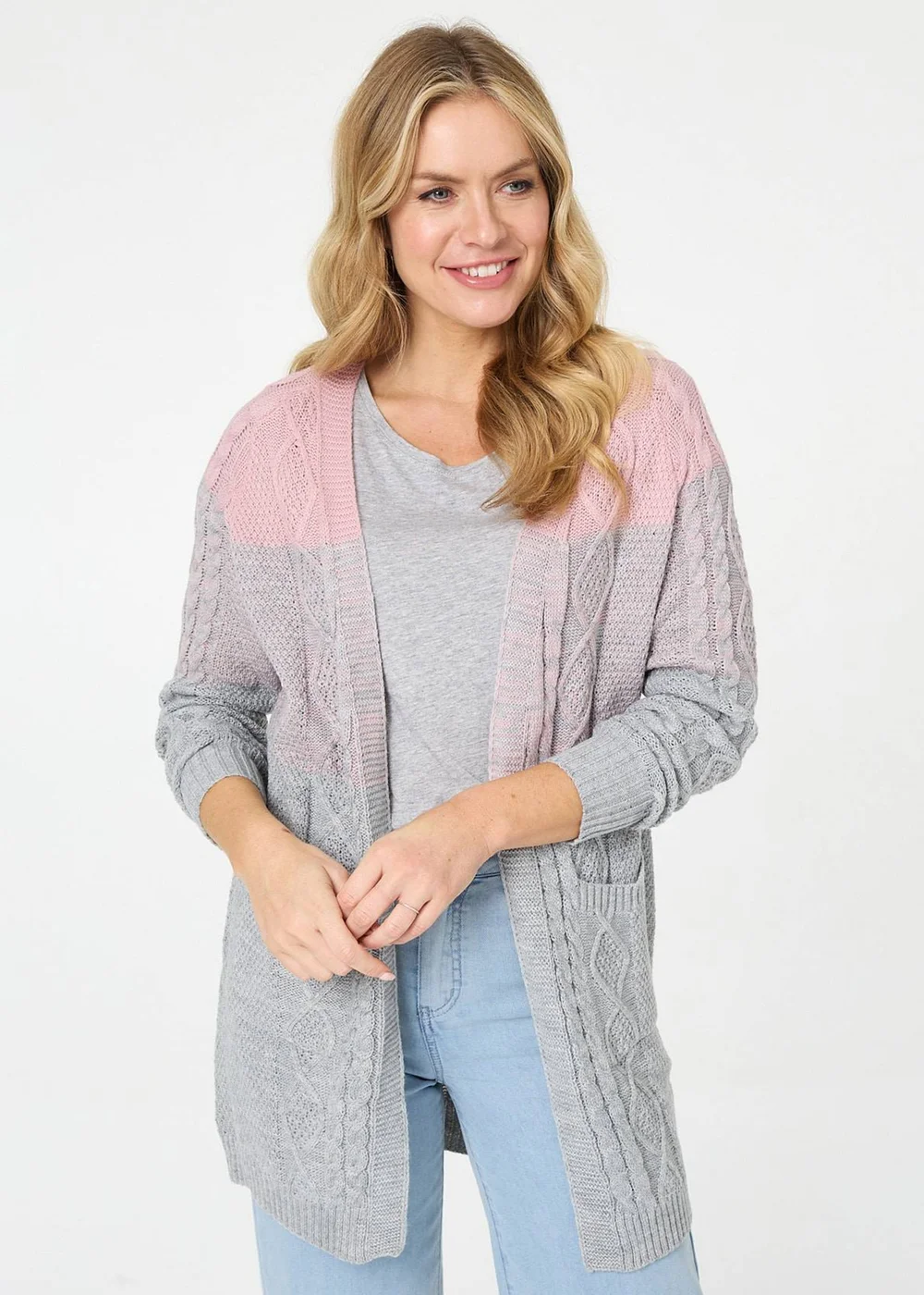 Izabel London Grey Colour Block Textured Longline Cardigan - 10 Image 1