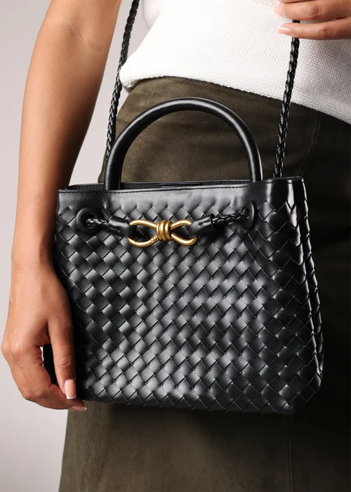 Where's That From Luna Black Woven PU Tote Bag Gold Detail - One Size Image 2