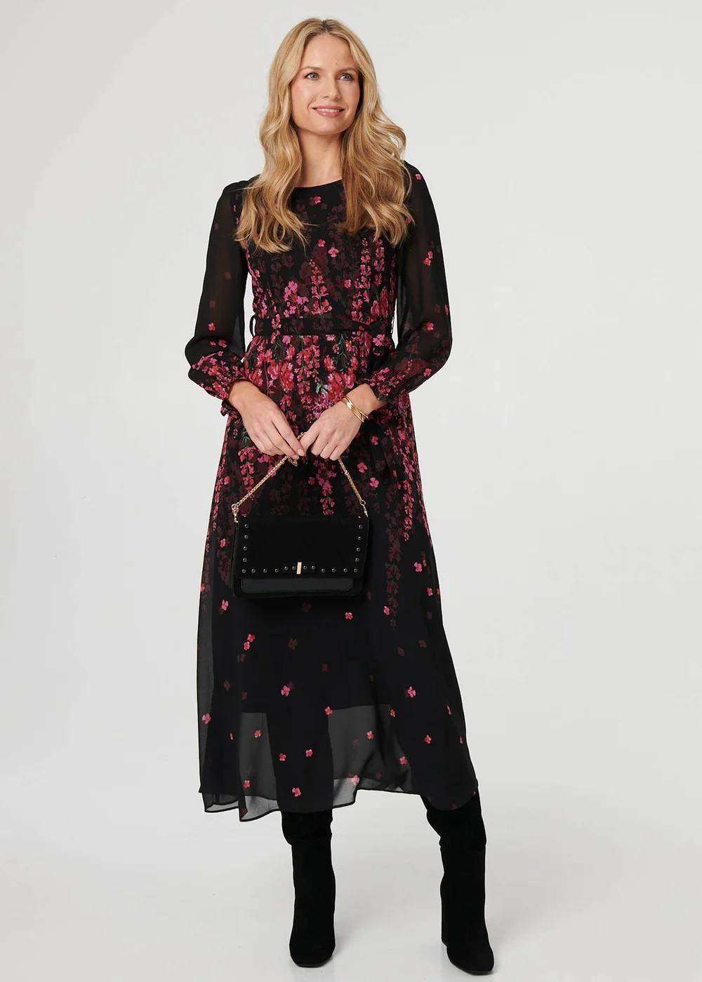 Izabel London Black Floral Tie Waist Sheer Layer Maxi Dress - 12 | Matalan Izabel London Black Floral Tie Waist Sheer Layer Maxi Dress - 12 | Matalan