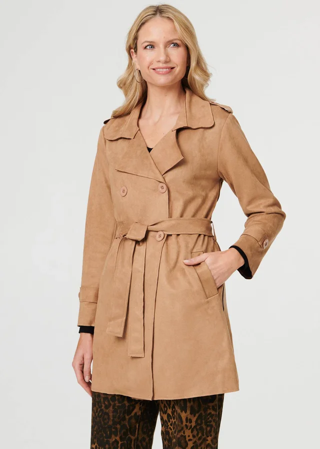 Izabel London Beige Faux Suede Double Breasted Trench Coat