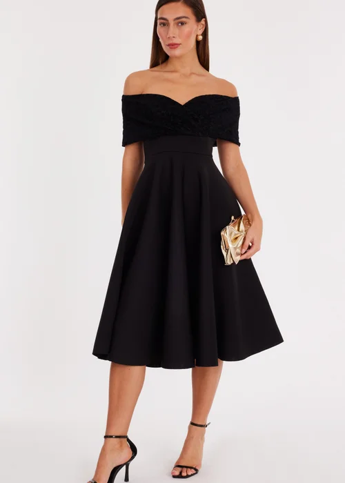 lace bardot skater dress boohoo Women's Plus Lace Asymmetric Bardot Skater Dress in Black | Size: 18