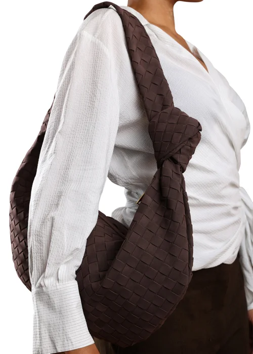 Where's That From Womens Aqua Knotted Strap Woven Shoulder Bag In Dark Brown Faux Faux Suede - One Size Image 2