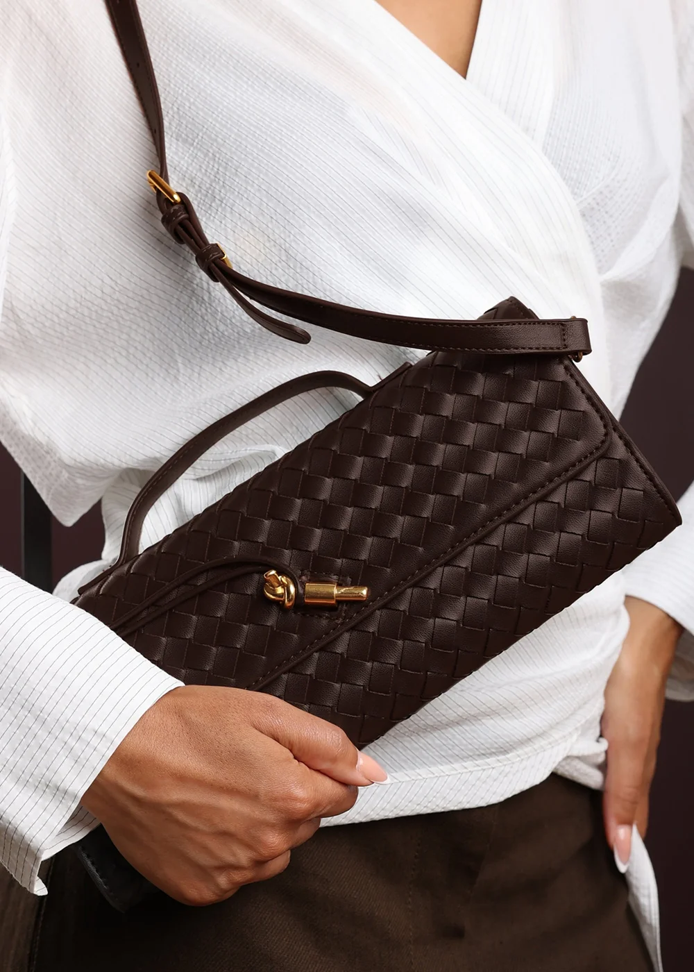 Where’s That From Petal Dark Brown Woven Clutch Bag - One Size Image 1