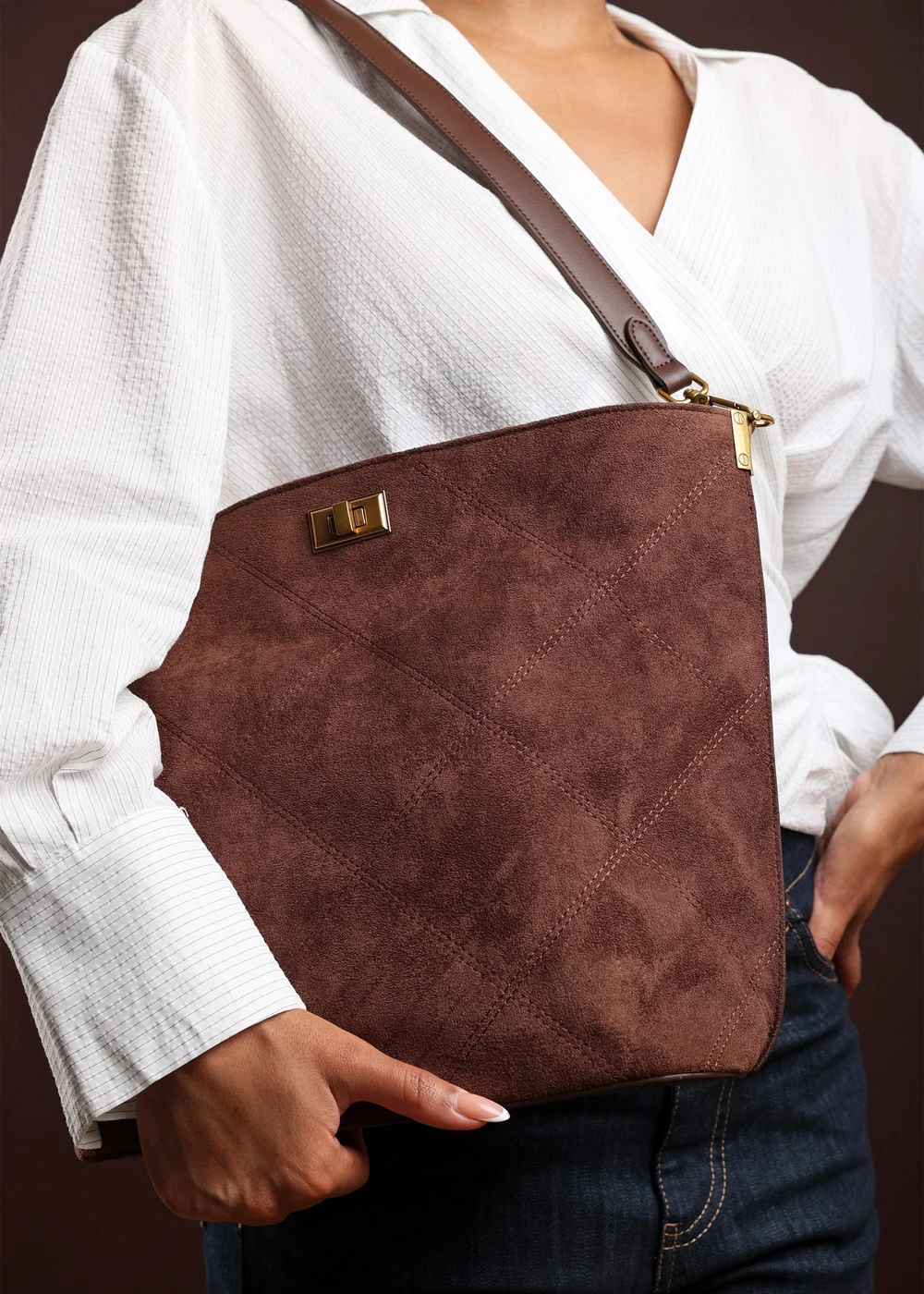 Where's That From Womens Fern Brown Faux Suede Shoulder Bag with Turn Lock - One Size Image 2