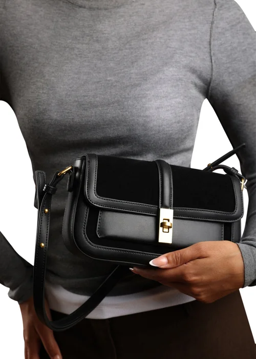 Where's That From Womens Coral Black Faux Suede Structured Shoulder Bag with Gold Lock - One Size Image 2