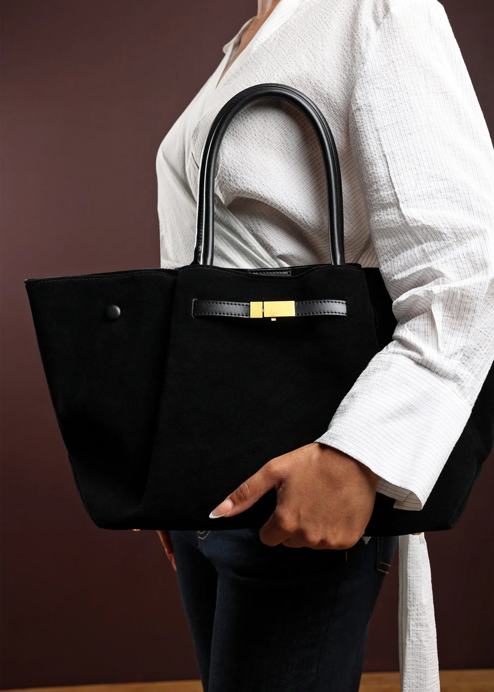 Where’s That From Dove Black Faux Suede Tote Bag - One Size Image 2
