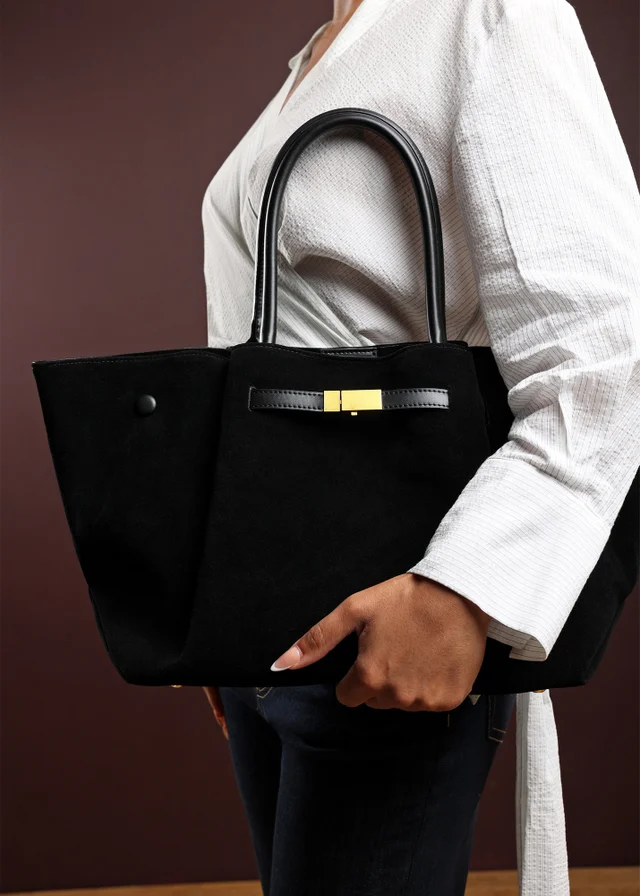 Where’s That From Dove Black Faux Suede Tote Bag