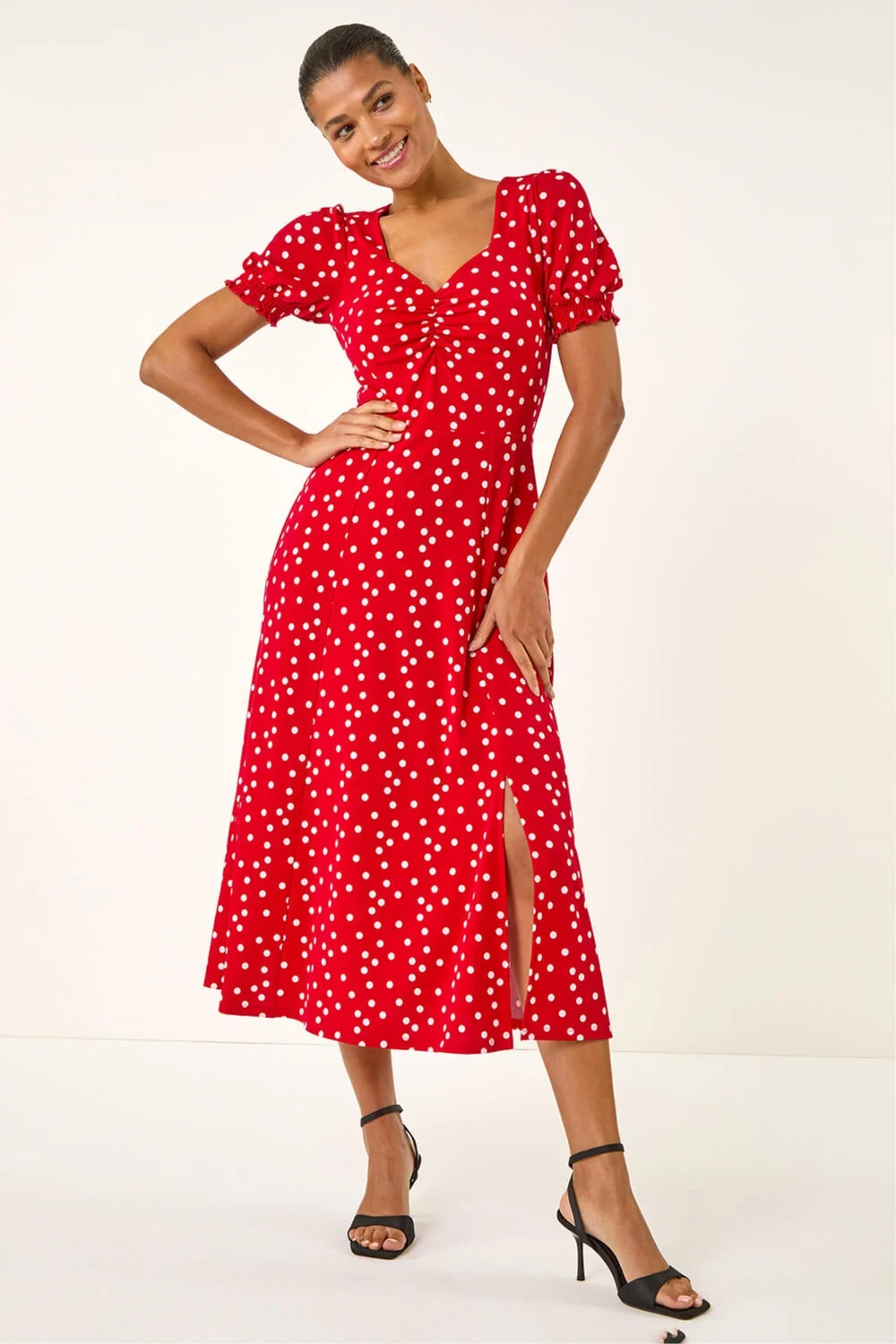 red midi dress uk Roman Red Spotted Sweetheart Stretch Midi Dress - 10