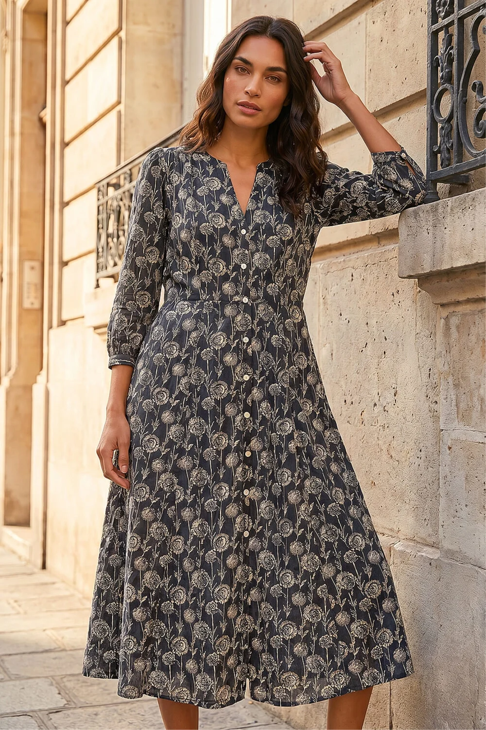 Roman Black Printed V-Neck Midi Dress - 20 Image 1