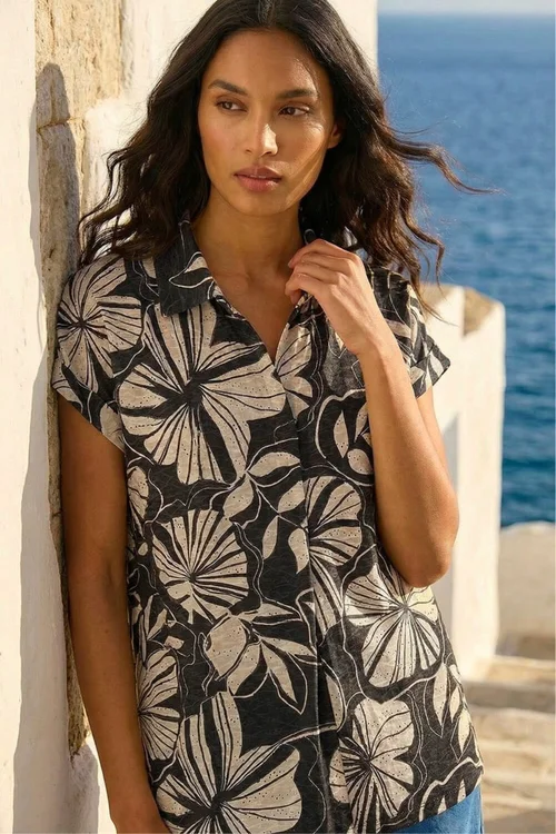 Roman Black Printed Broderie Collared Top - 16 Image 1