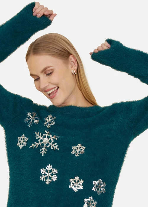 Yumi Teal Sequin Snowflake Fluffy Jumper - S Image 3