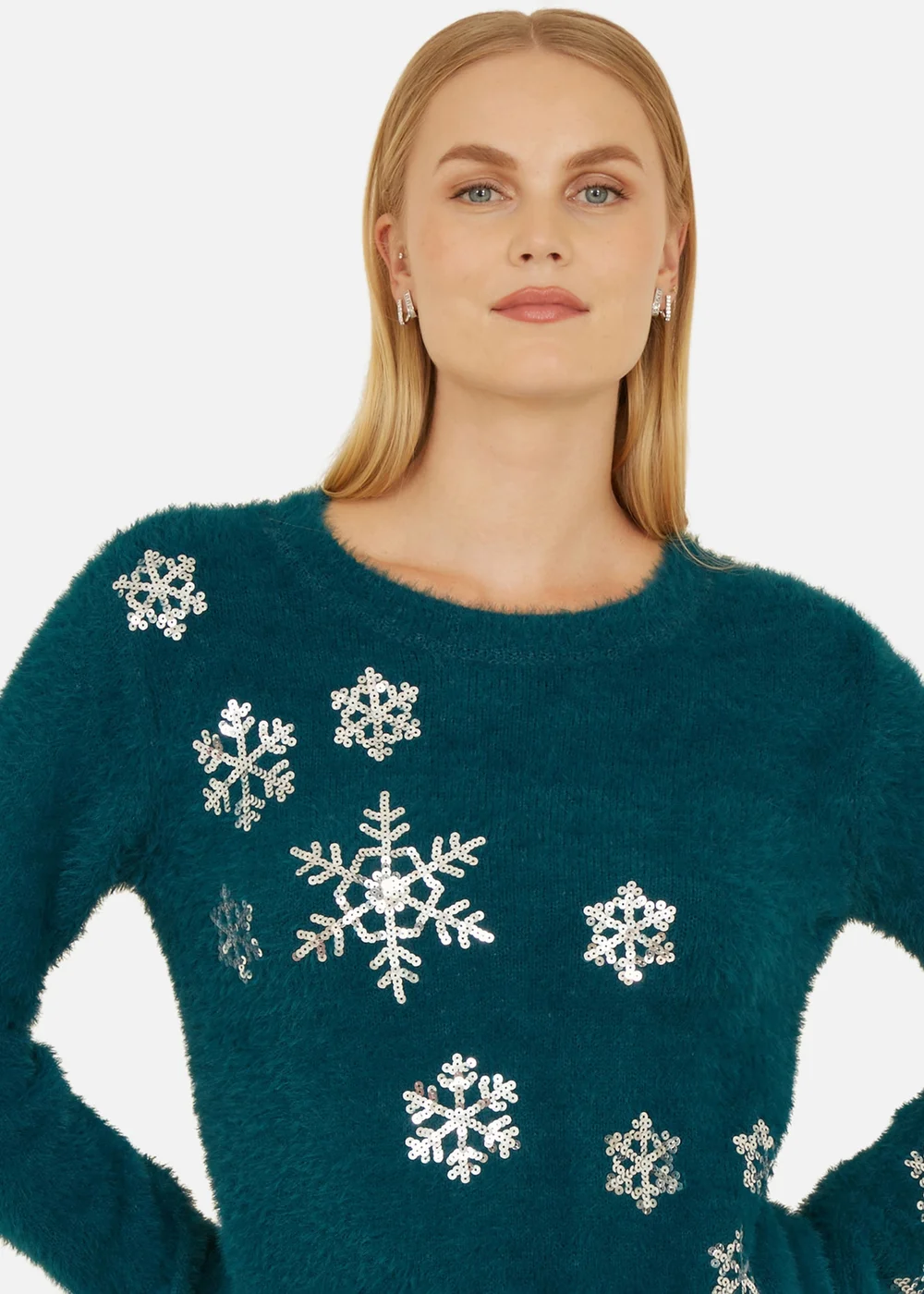 Yumi Teal Sequin Snowflake Fluffy Jumper - S Image 2
