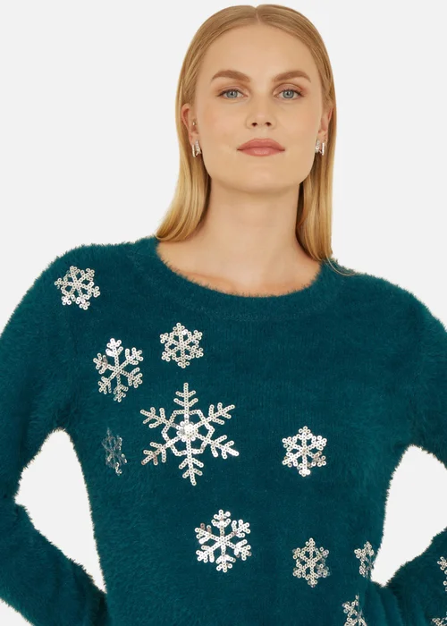 Yumi Teal Sequin Snowflake Fluffy Jumper - S Image 2