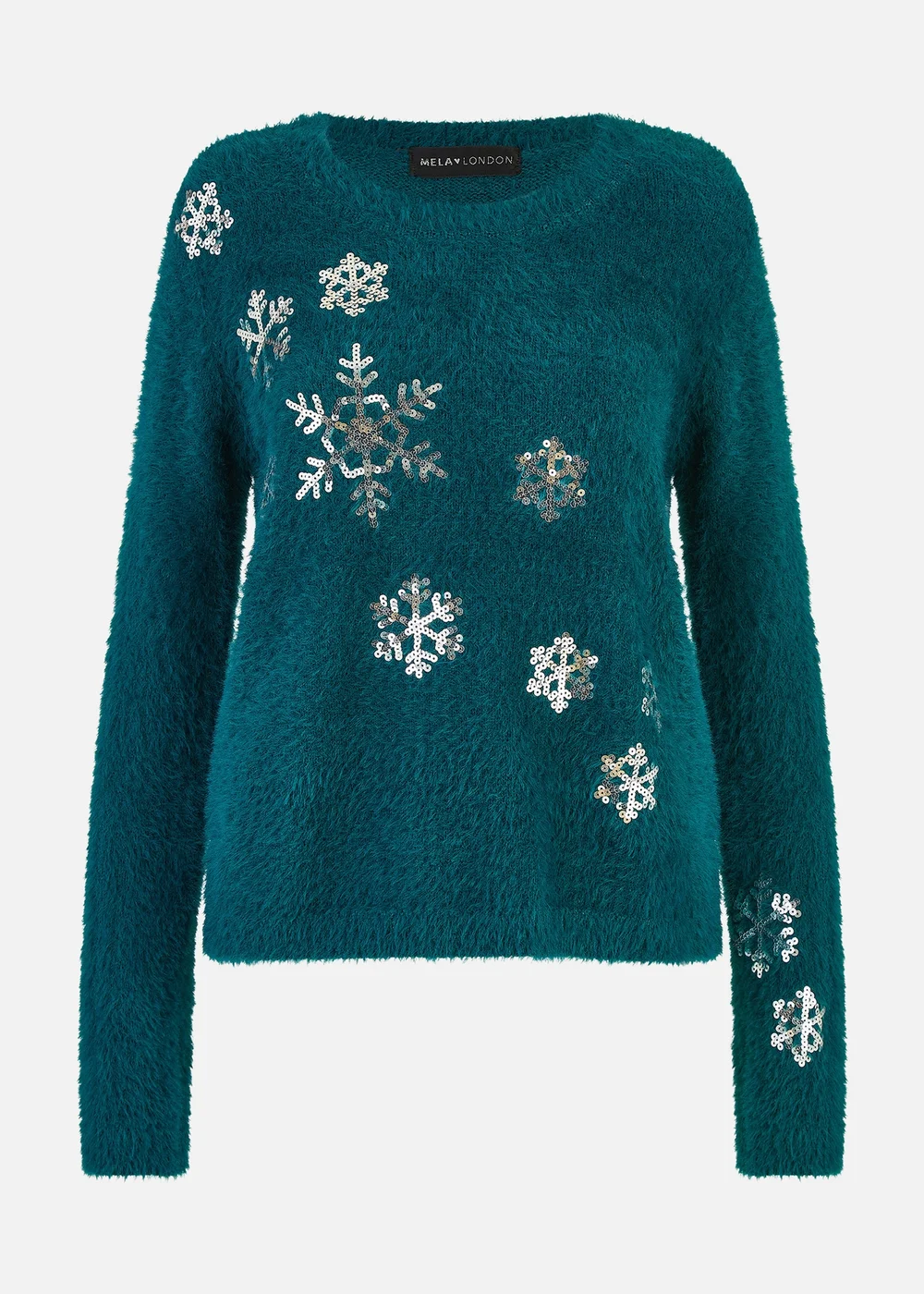 Yumi Teal Sequin Snowflake Fluffy Jumper - S Image 4