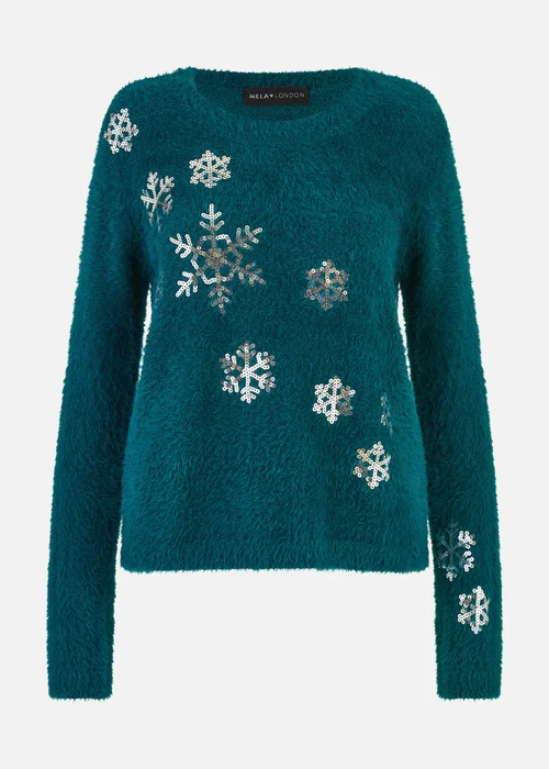 Yumi Teal Sequin Snowflake Fluffy Jumper - S Image 4