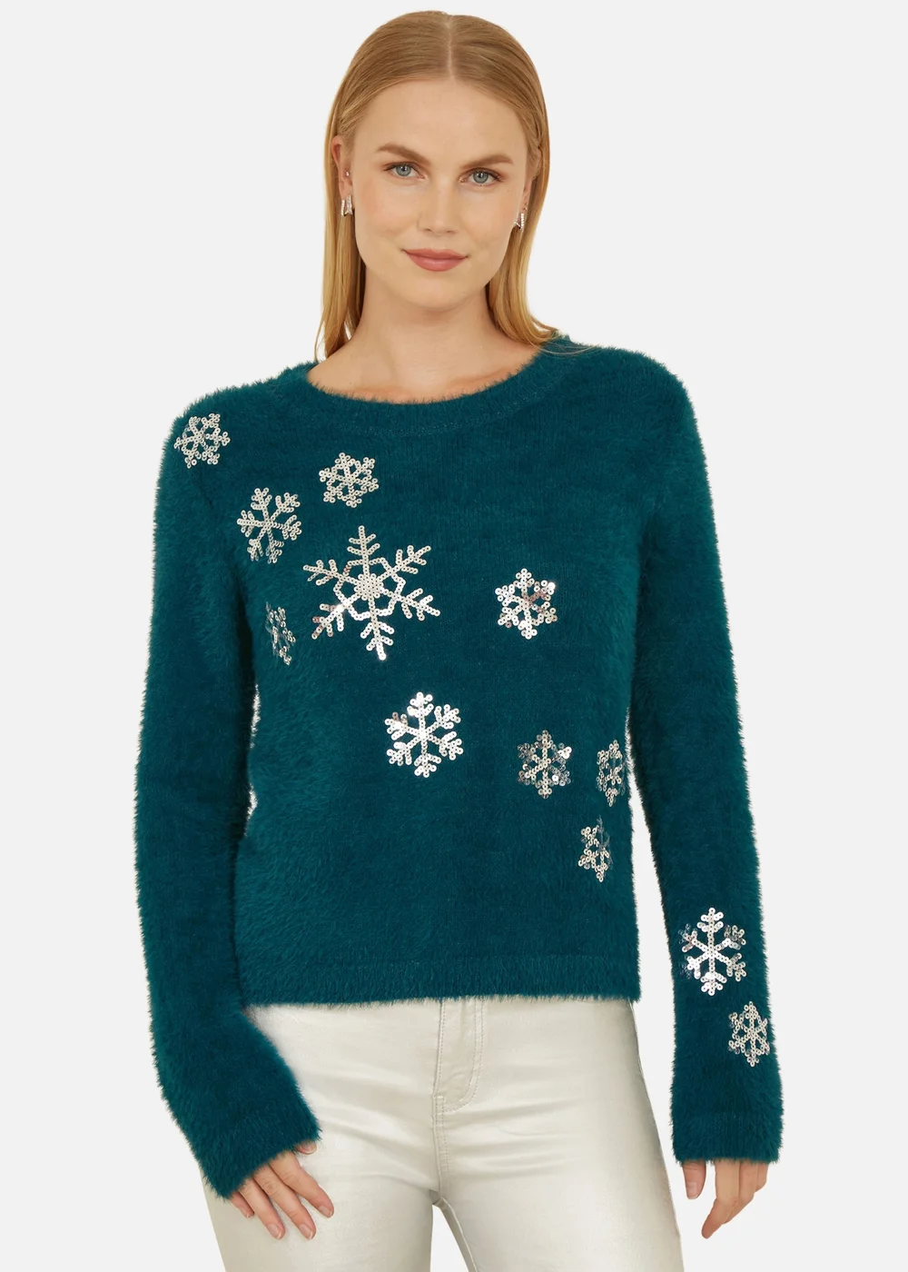 Yumi Teal Sequin Snowflake Fluffy Jumper - S Image 1