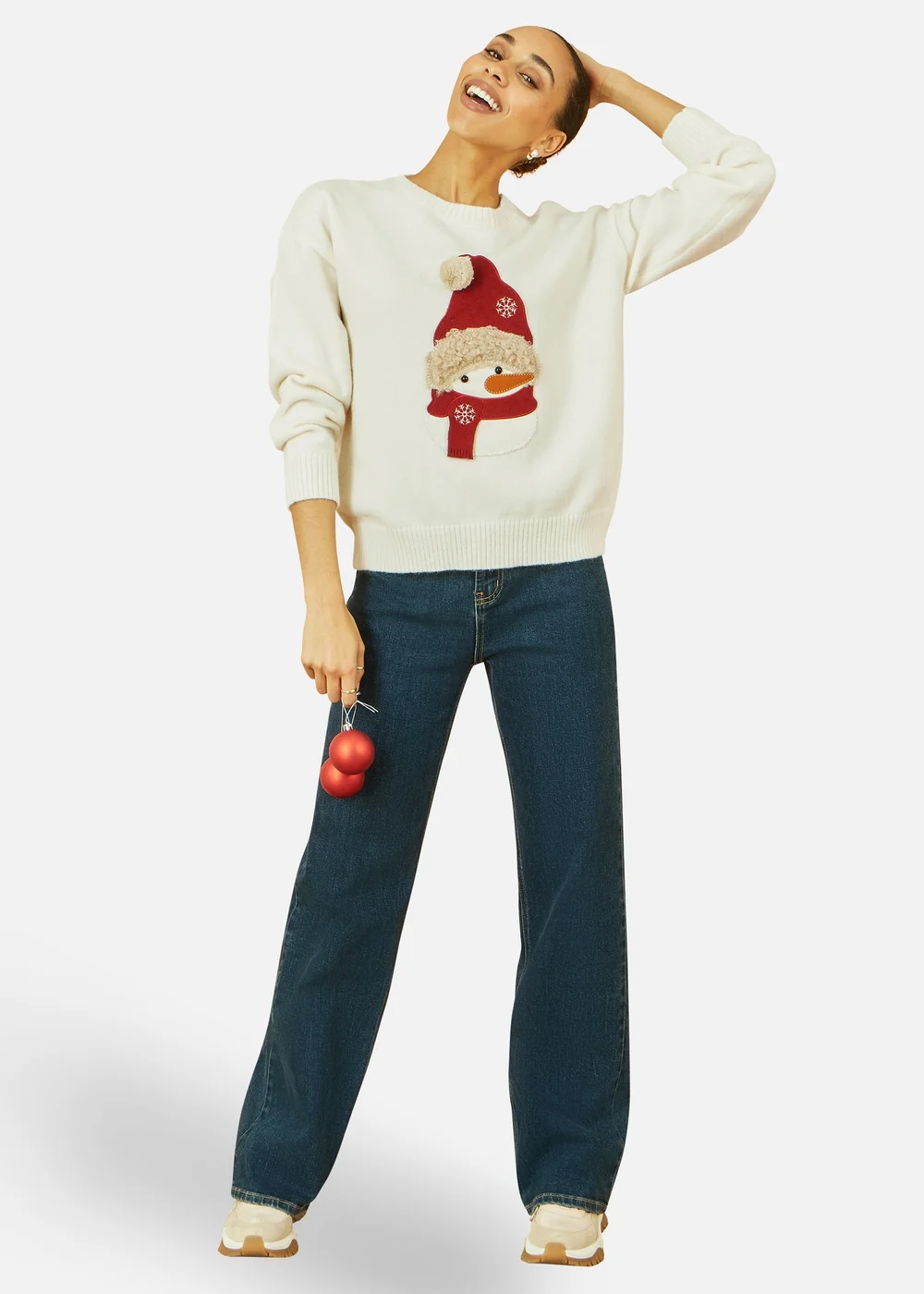 Yumi White Christmas Jumper With Applique Snowman - S/M Image 2