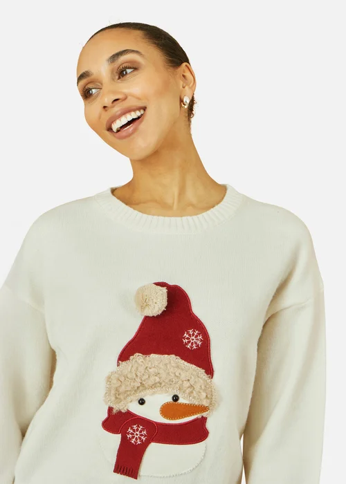 Yumi White Christmas Jumper With Applique Snowman - S/M Image 3