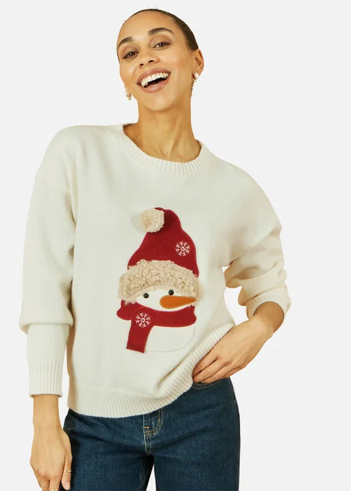 Yumi White Christmas Jumper With Applique Snowman - S/M Image 1