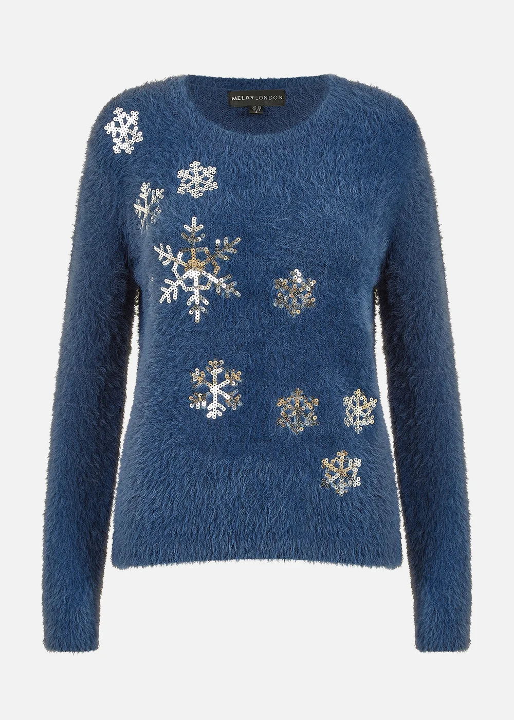 Yumi Navy Sequin Snowflake Fluffy Jumper - M Image 3