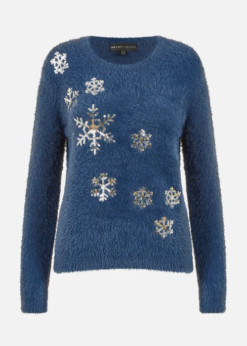 Yumi Navy Sequin Snowflake Fluffy Jumper - M Image 3