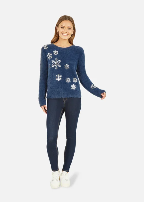Yumi Navy Sequin Snowflake Fluffy Jumper - M Image 2