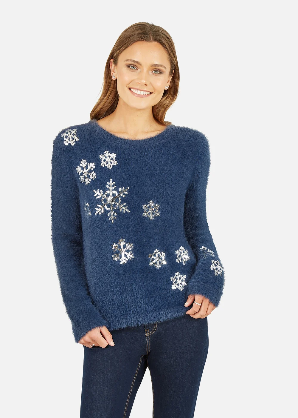 Yumi Navy Sequin Snowflake Fluffy Jumper - M Image 1