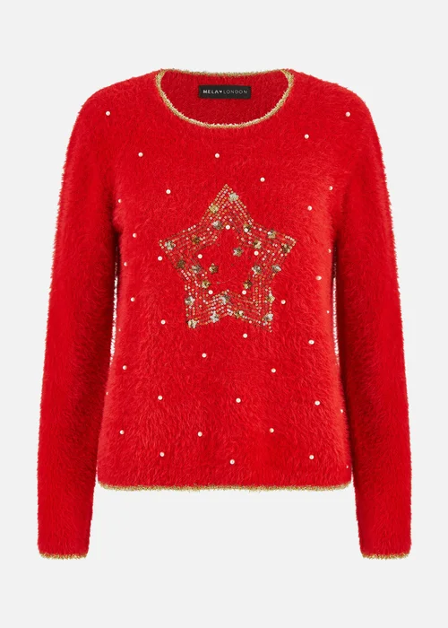 Yumi Red Fluffy Star Christmas Jumper - M Image 4