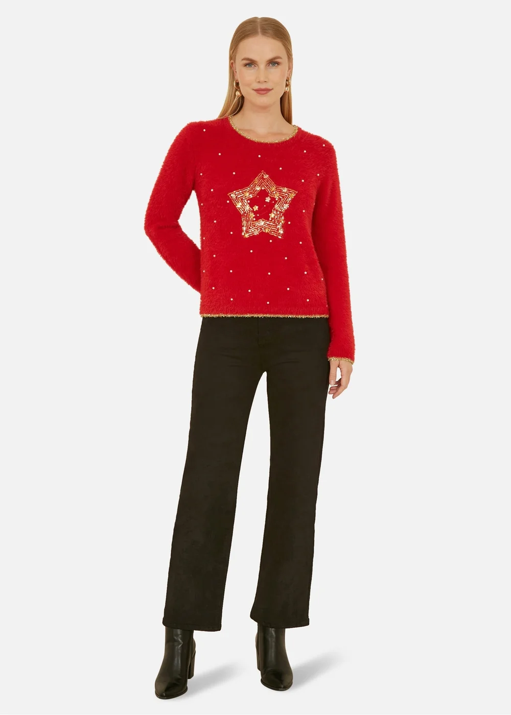 Yumi Red Fluffy Star Christmas Jumper - M Image 2