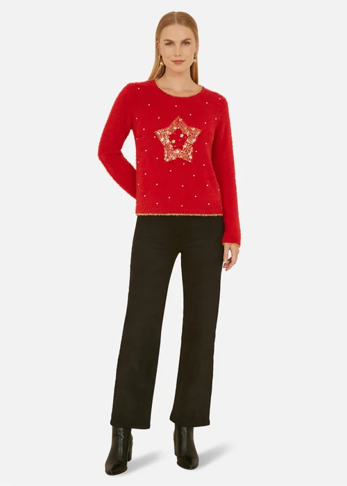 Yumi Red Fluffy Star Christmas Jumper - M Image 2
