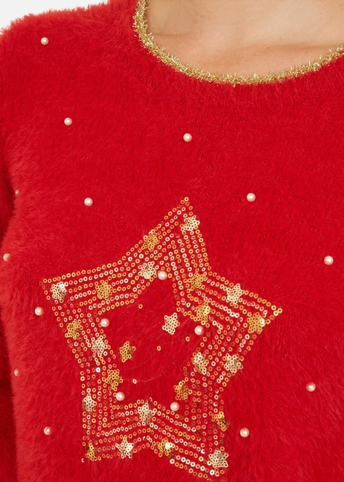 Yumi Red Fluffy Star Christmas Jumper - M Image 3