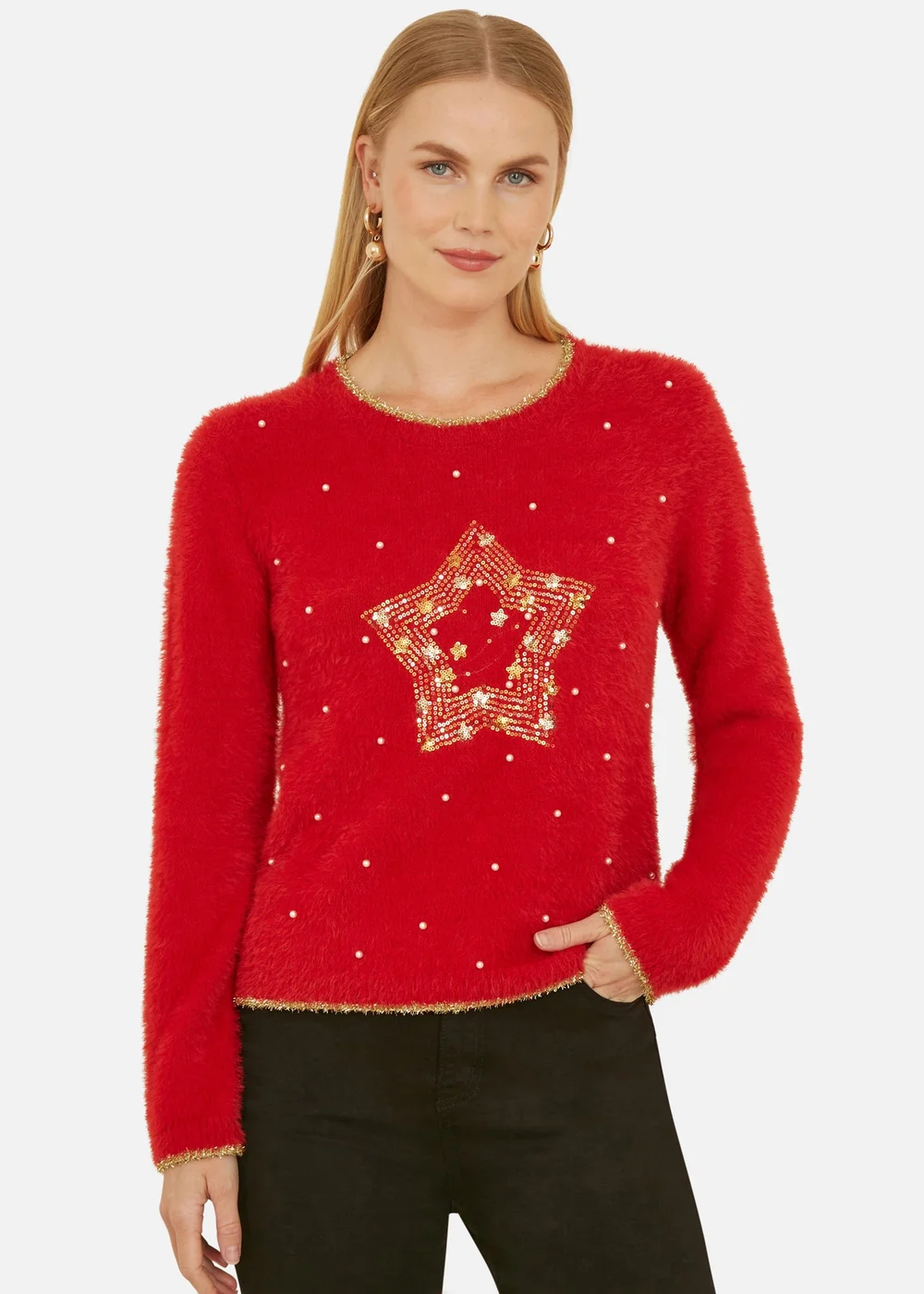 Yumi Red Fluffy Star Christmas Jumper - M Image 1
